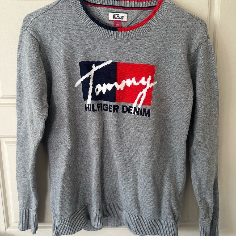 Tommy Hilfiger Denim Logo Gray Red Navy Crewneck Sweater